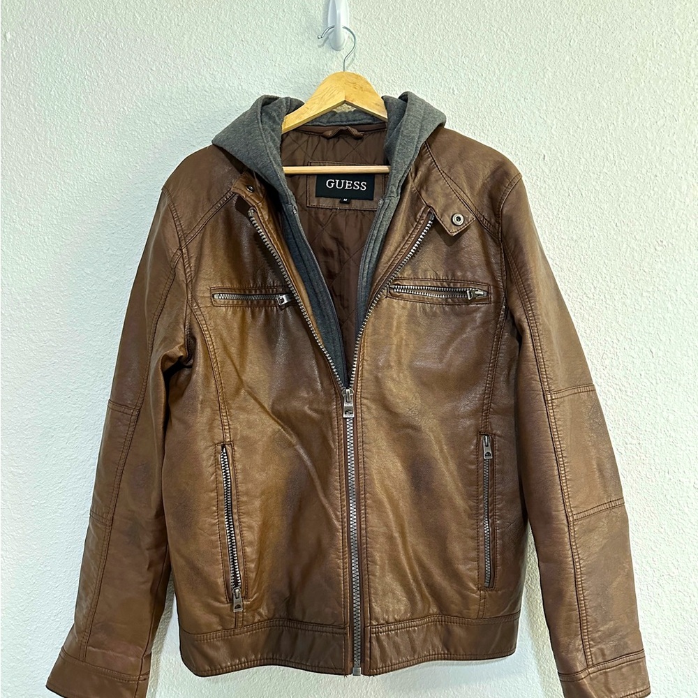 Guess Removable Hood Leather Jacket